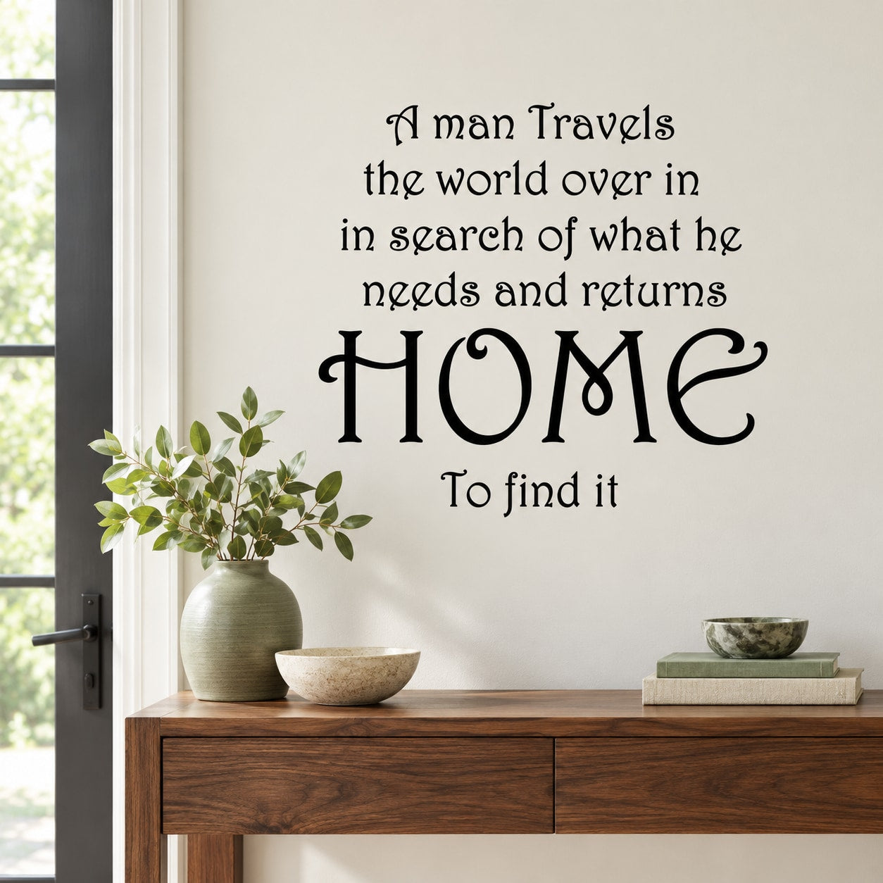 Home wall decal with large black script and smaller verse text.