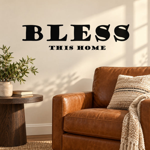 Wall mural decal with bold black “BLESS” text and “This home” subtitle