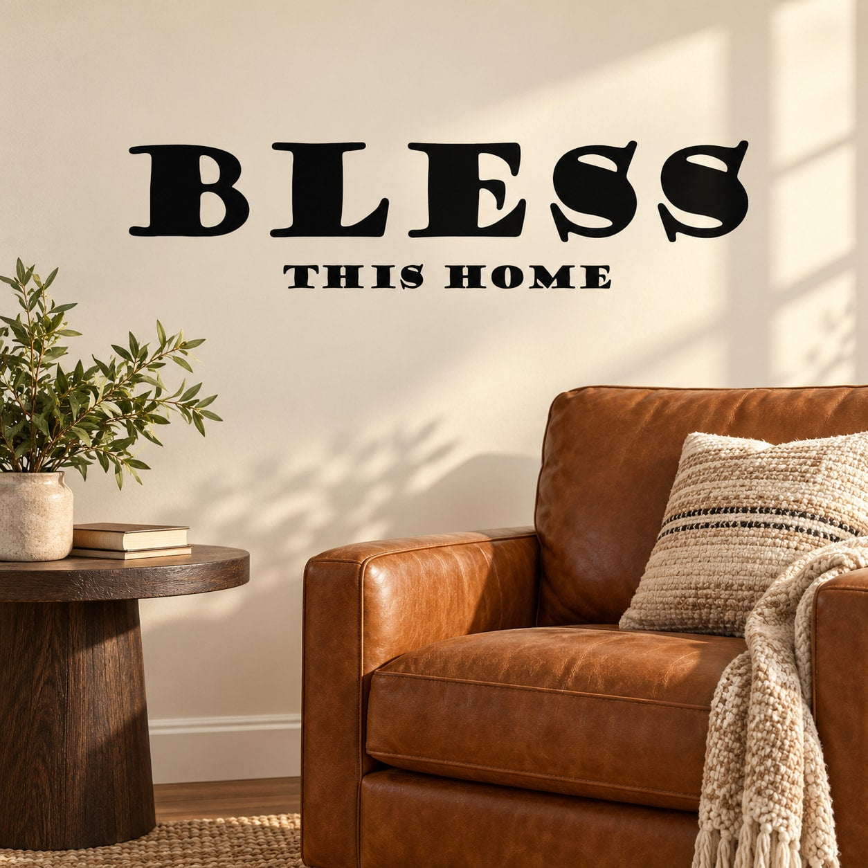 Wall mural decal with bold black “BLESS” text and “This home” subtitle