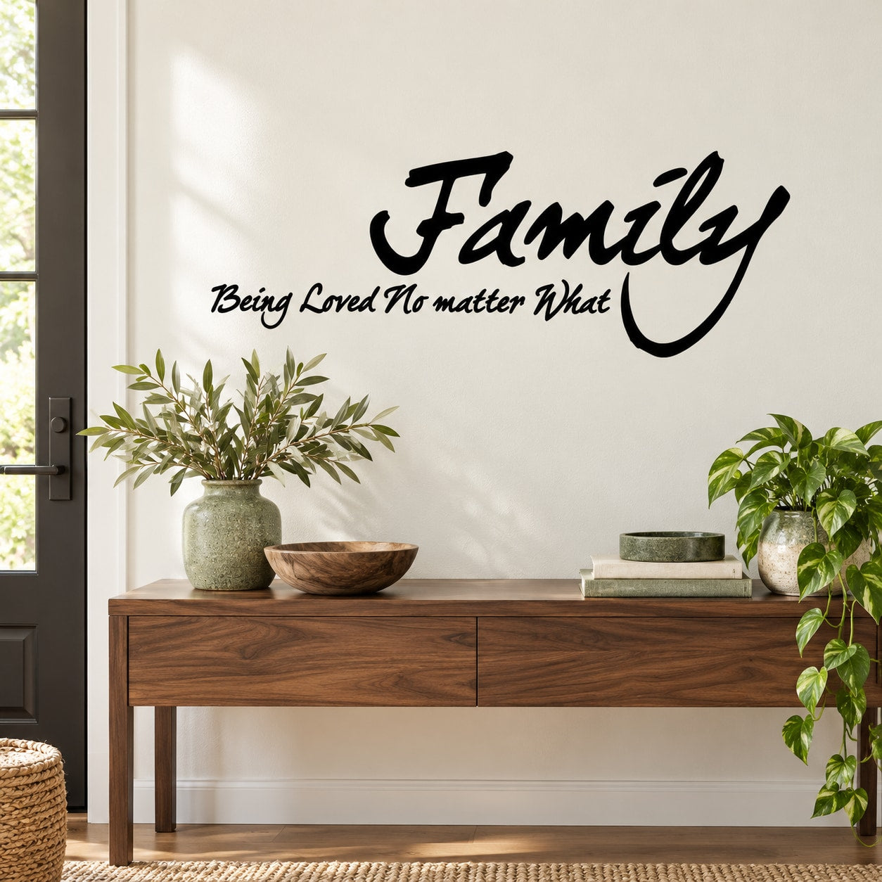 Family wall decal with script text: “Being Loved No matter What” in black