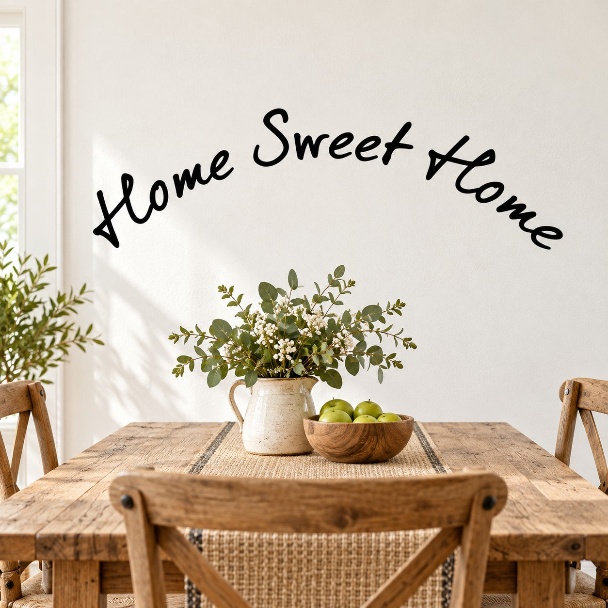 Curved wall decal with black “Home Sweet Home” script and small leafy floral cluster