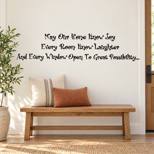 Home quote wall decal with ornate black lettering for joy and open window possibility