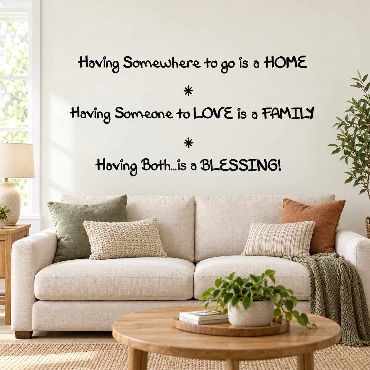 Wall decal with motivational quote in black lettering on light wall