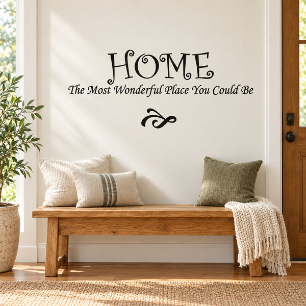 Wall quote decal with “HOME” and “The Most Wonderful Place You Could Be” lettering