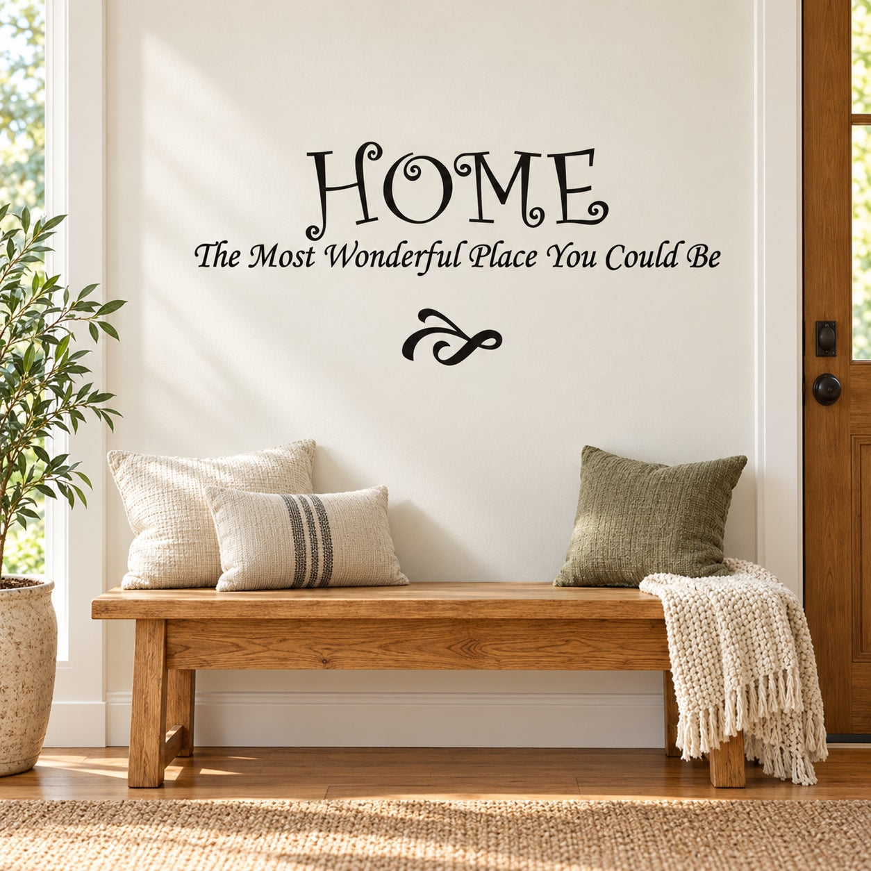 Wall quote decal with “HOME” and “The Most Wonderful Place You Could Be” lettering