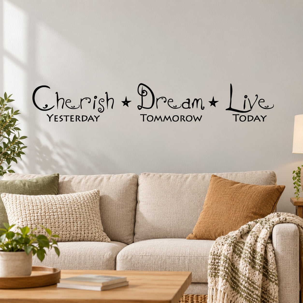 Inspirational wall decal with black text: Cherish Dream Live, Yesterday Tomorrow Today.