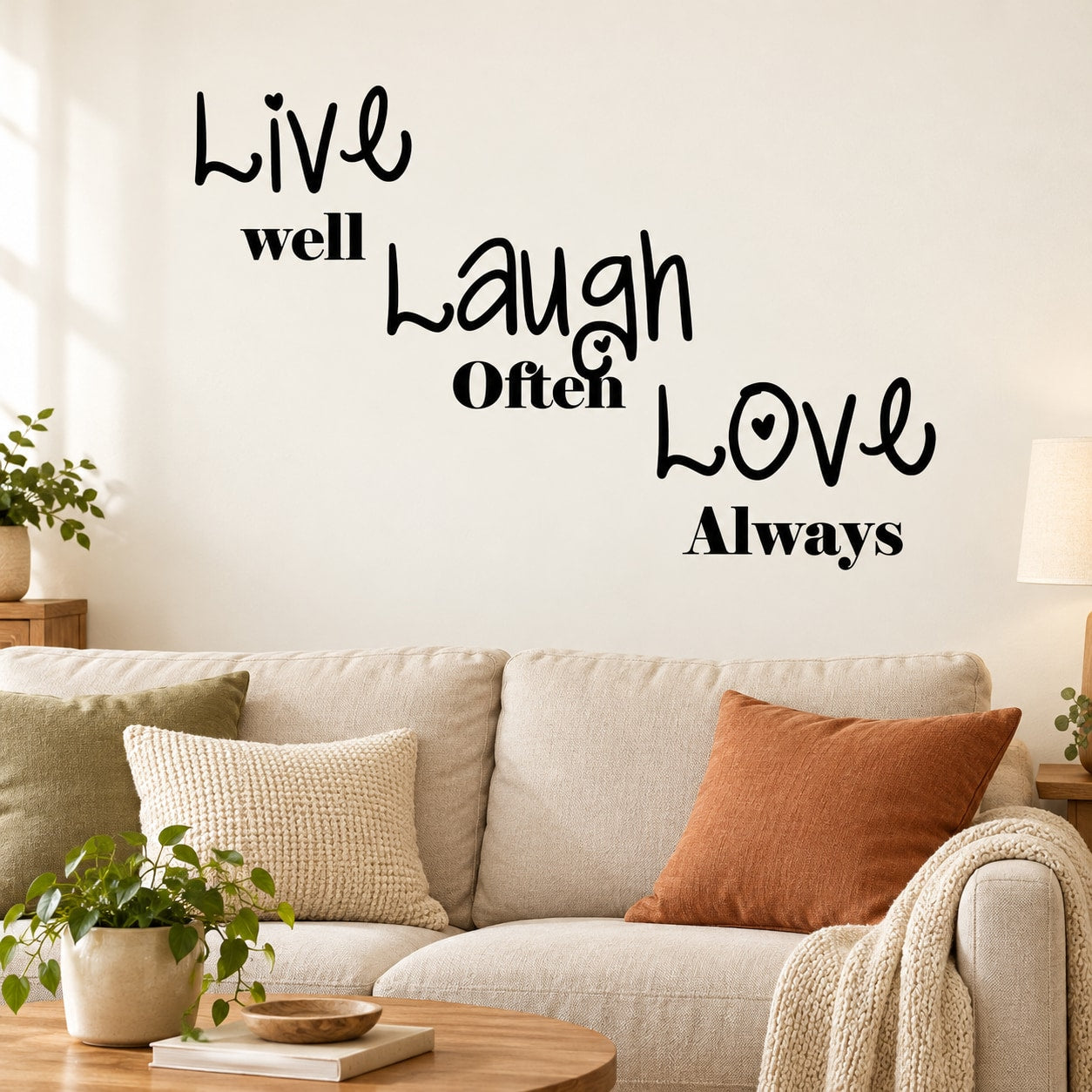 Inspirational wall decal: Live well Laugh Often Love Always lettering
