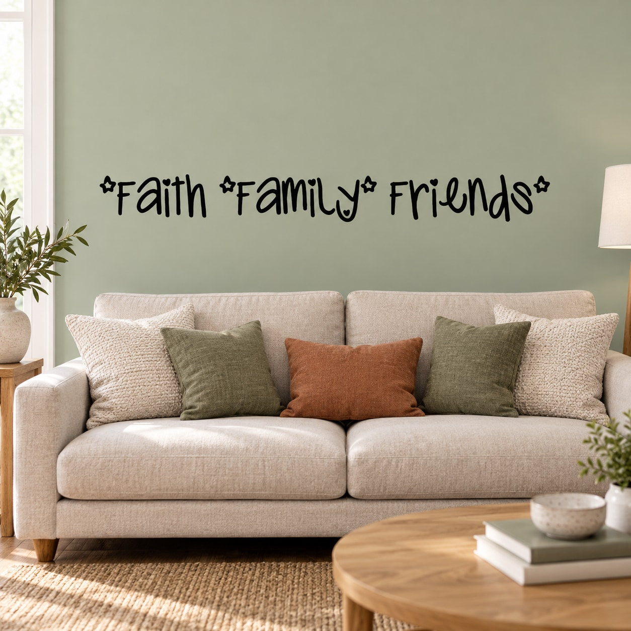 White wall lettering decal reading “Faith Family Friends” with small star icons