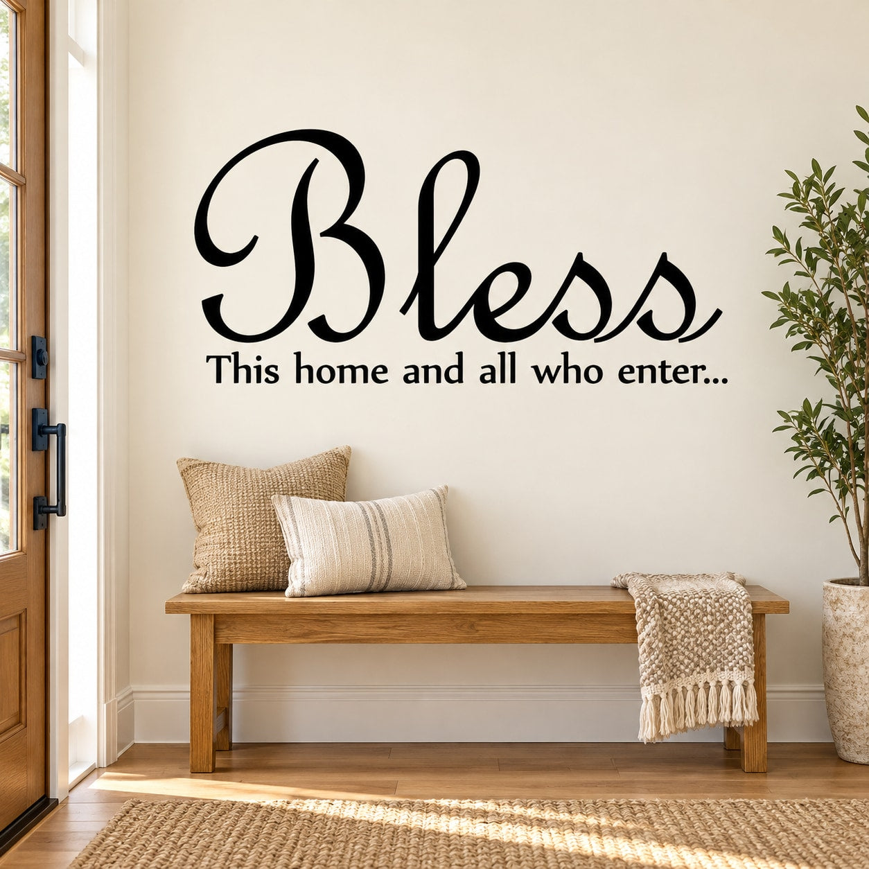 Wall decal with black script “Bless” and “This home and all who enter…” text