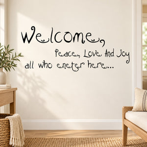 Welcome wall decal with cursive 'Welcome' and 'Peace, Love, Joy' text