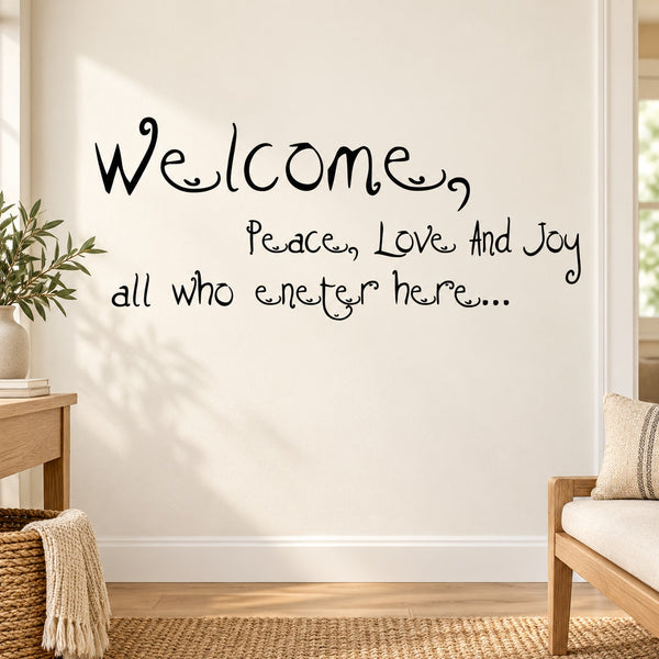 Welcome wall decal with cursive 'Welcome' and 'Peace, Love, Joy' text