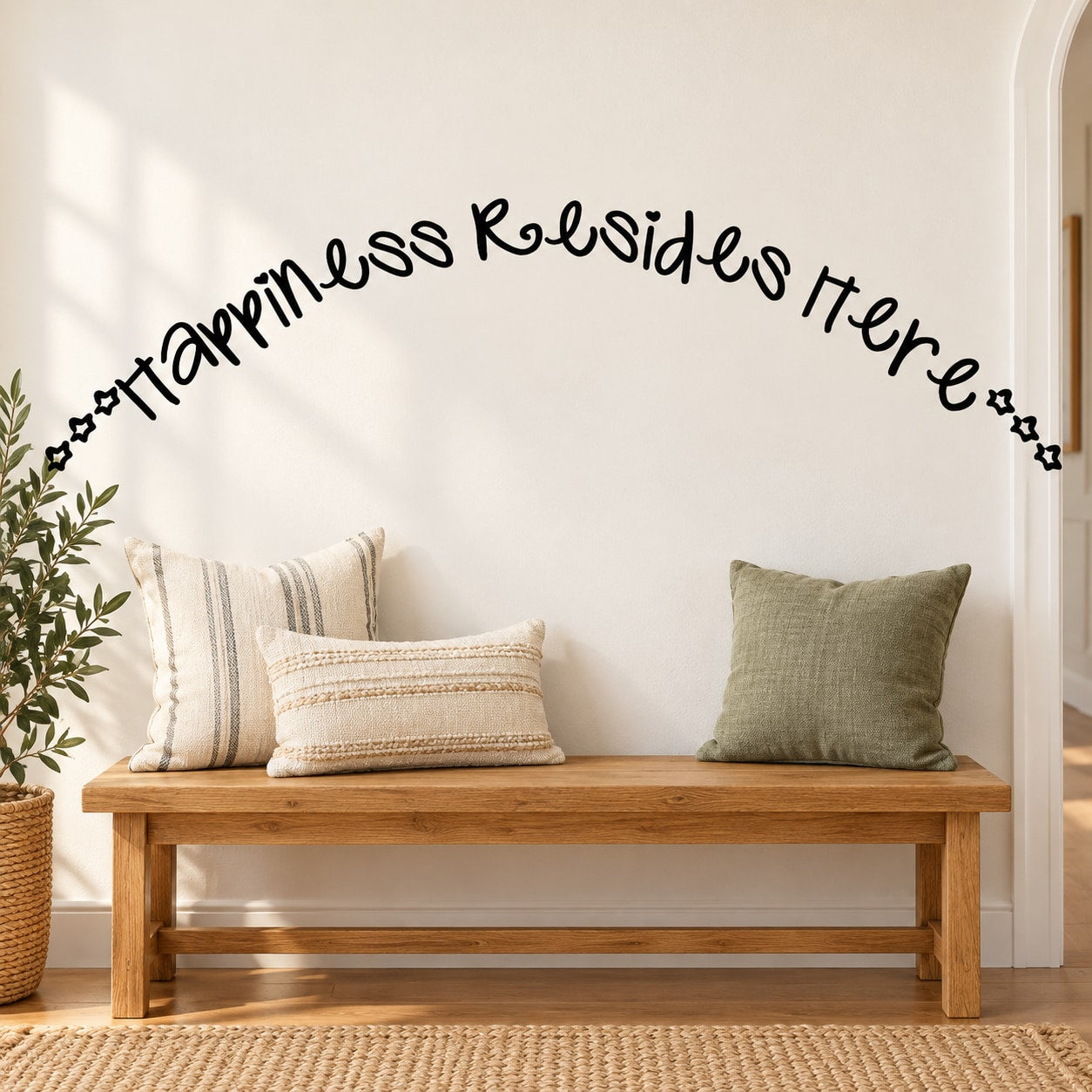 Wall decal with "happiness resides here" in black cursive lettering