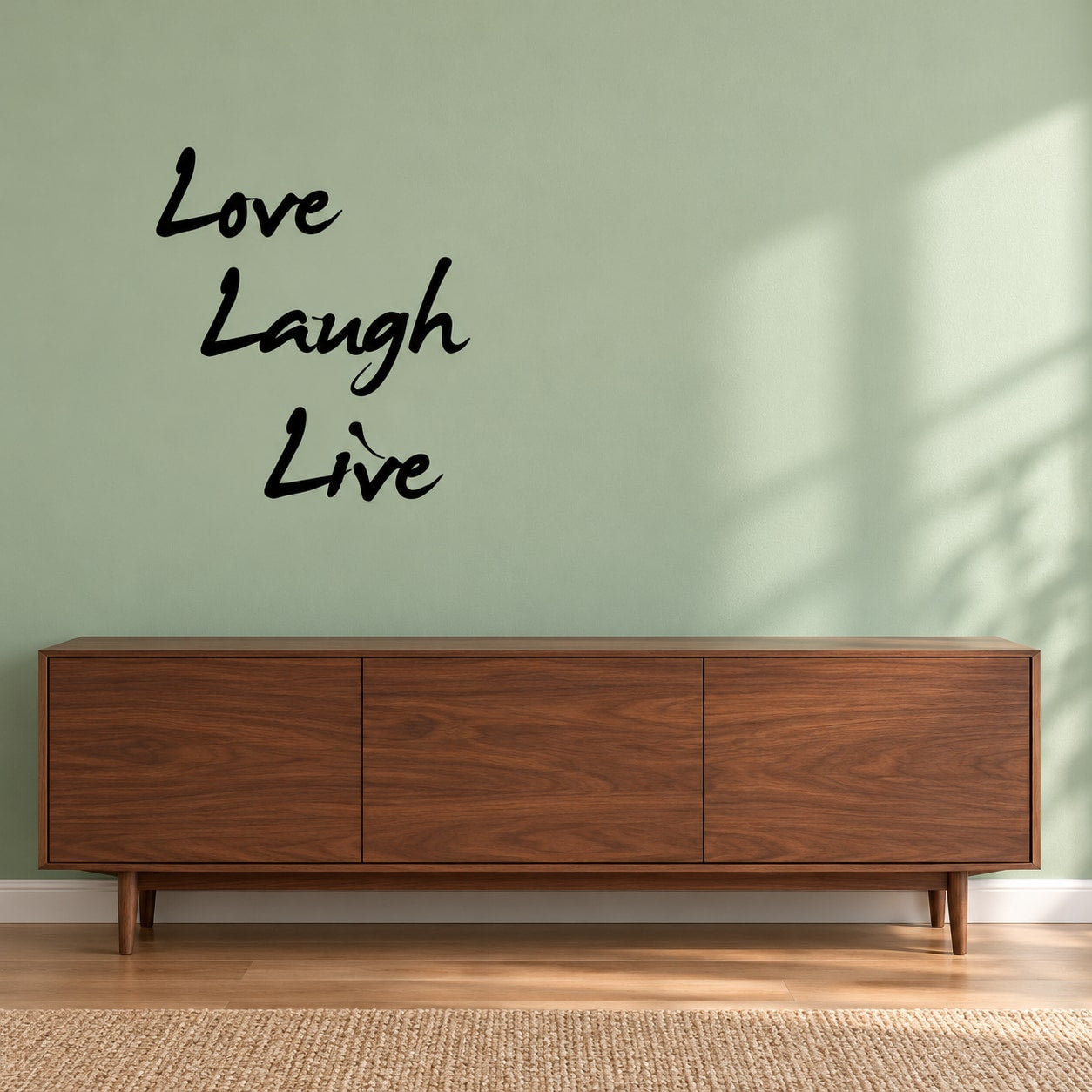 Black cursive wall decal: “Love Laugh Live” lettering