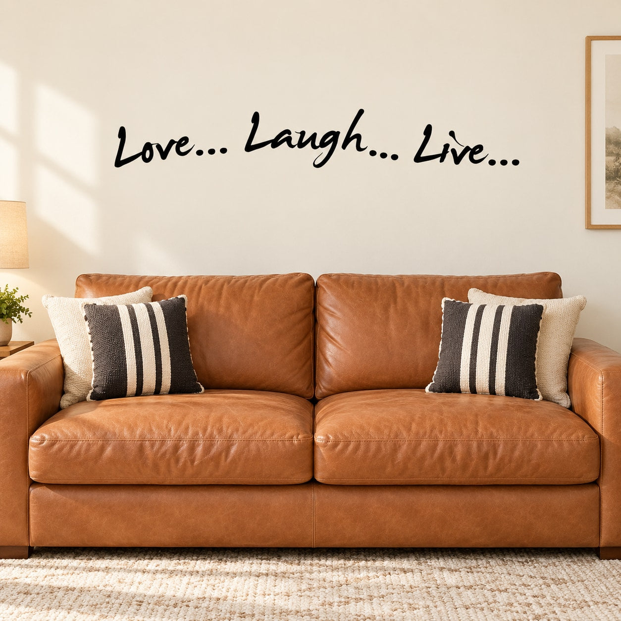 Wall decal with cursive text: “Love... Laugh... Live...” in black