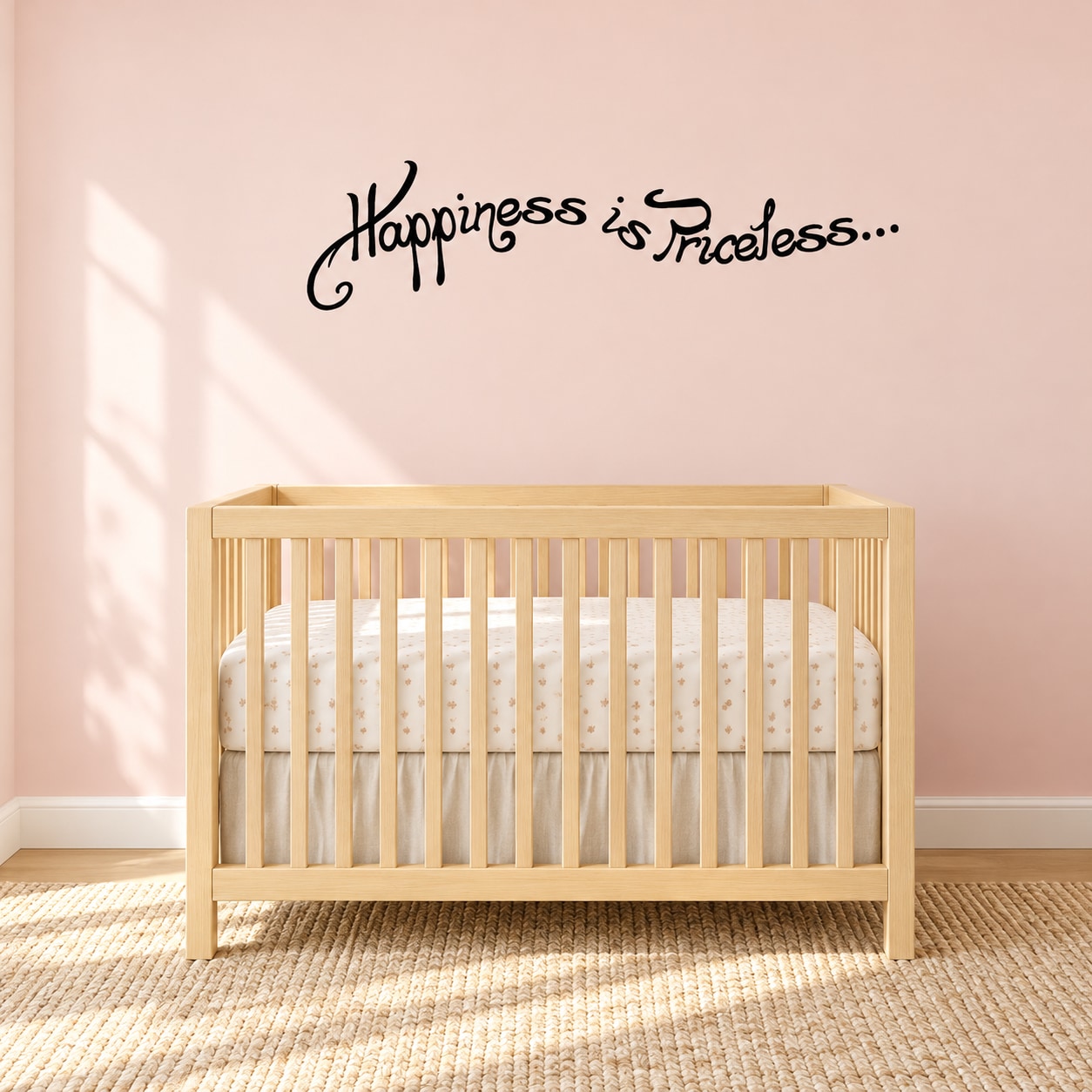 Wall decal with "Happiness is Priceless..." in black cursive lettering