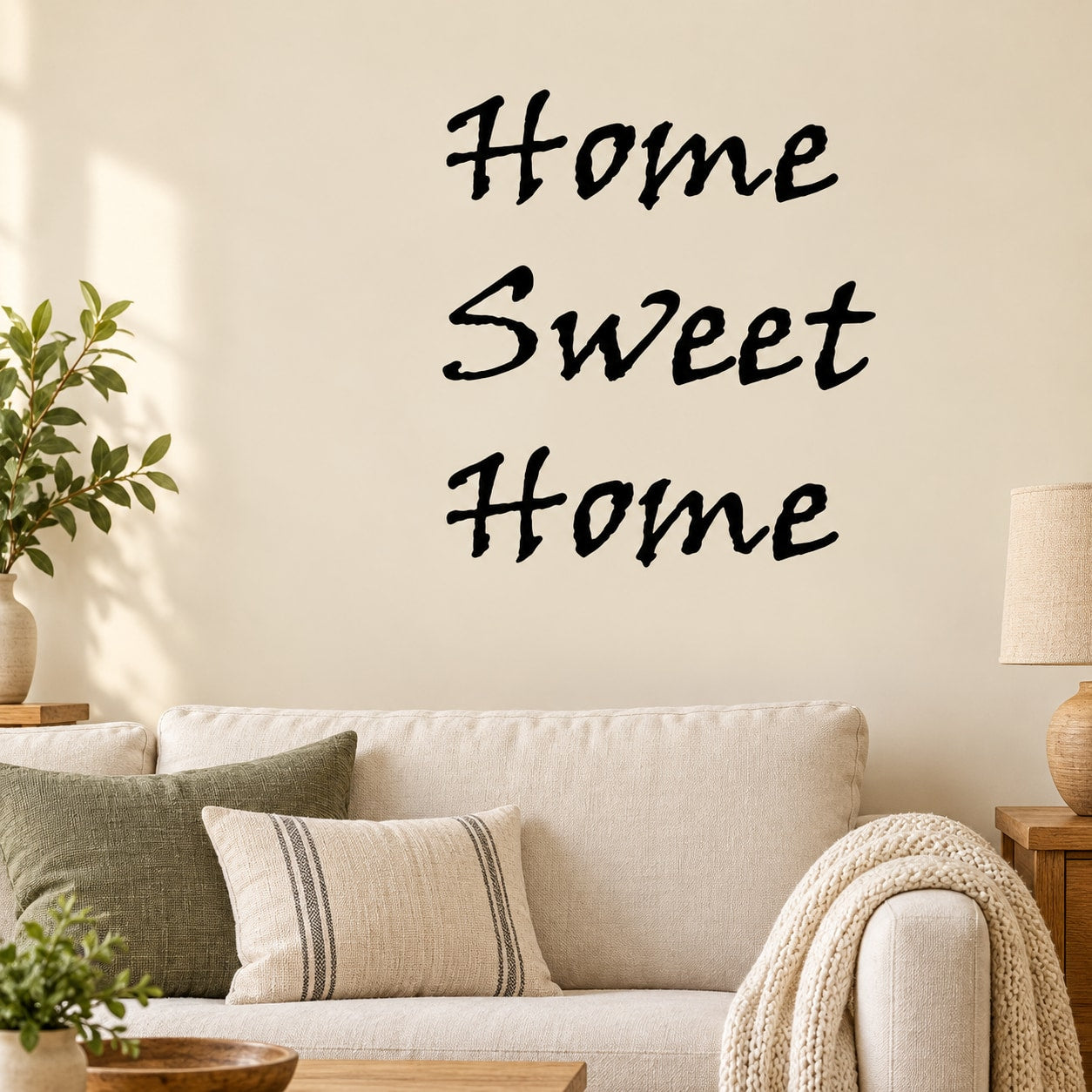 Home sweet home wall decal with black cursive text reading “Home Sweet Home”