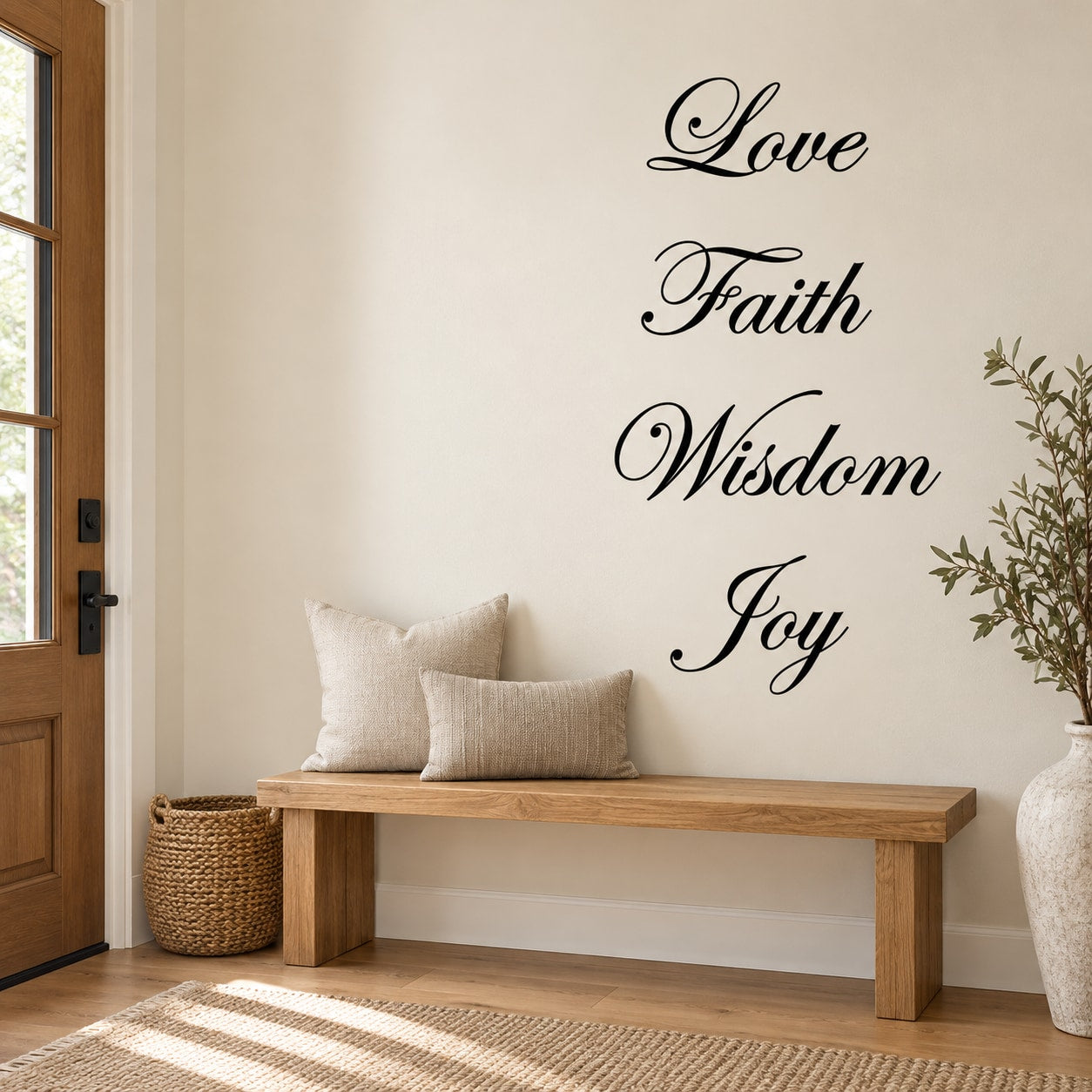 Wall decal with cursive words: Love, Faith, Wisdom, Joy