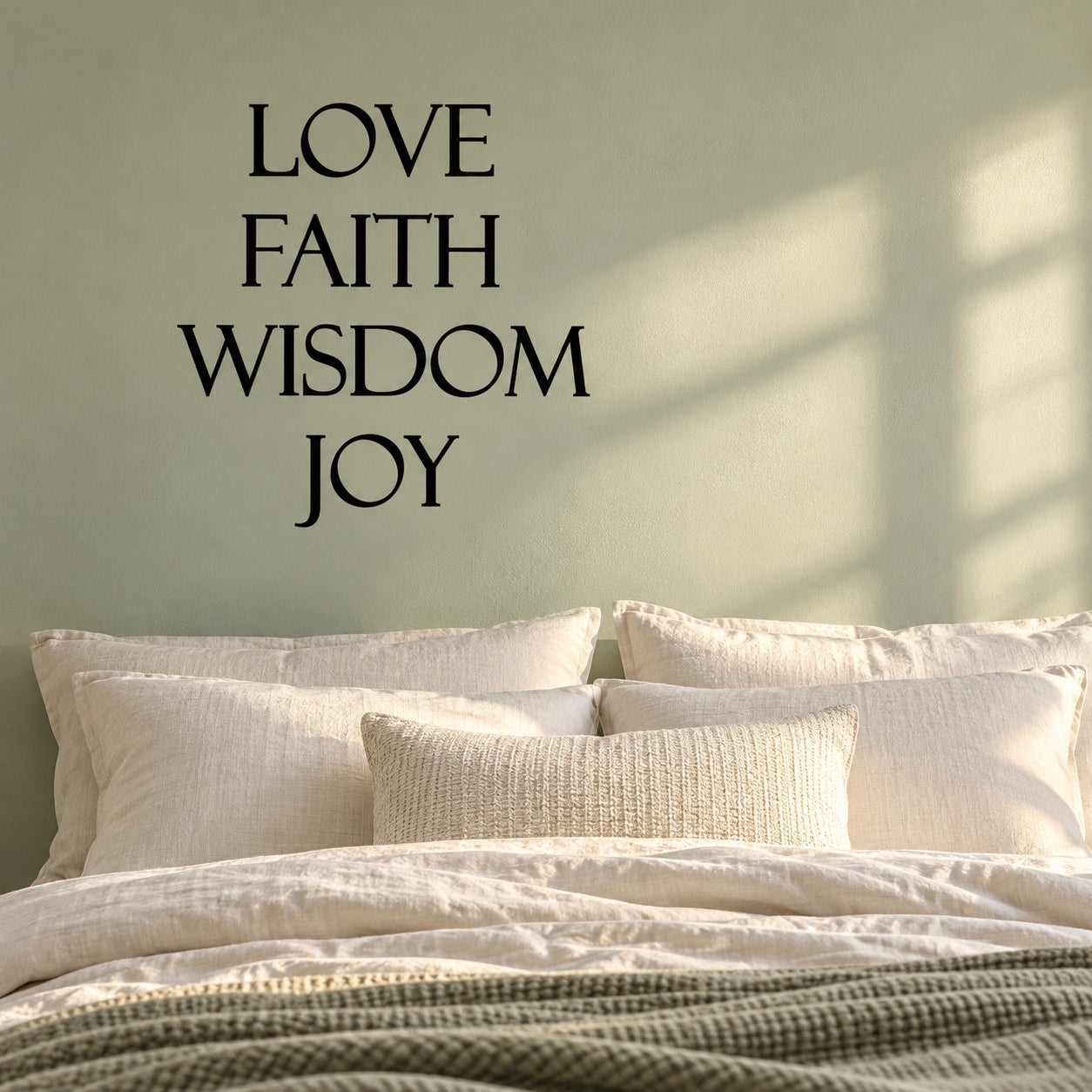 Wall decal with stacked words LOVE, FAITH, WISDOM, JOY in black lettering