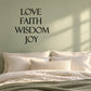 Wall decal with stacked words LOVE, FAITH, WISDOM, JOY in black lettering