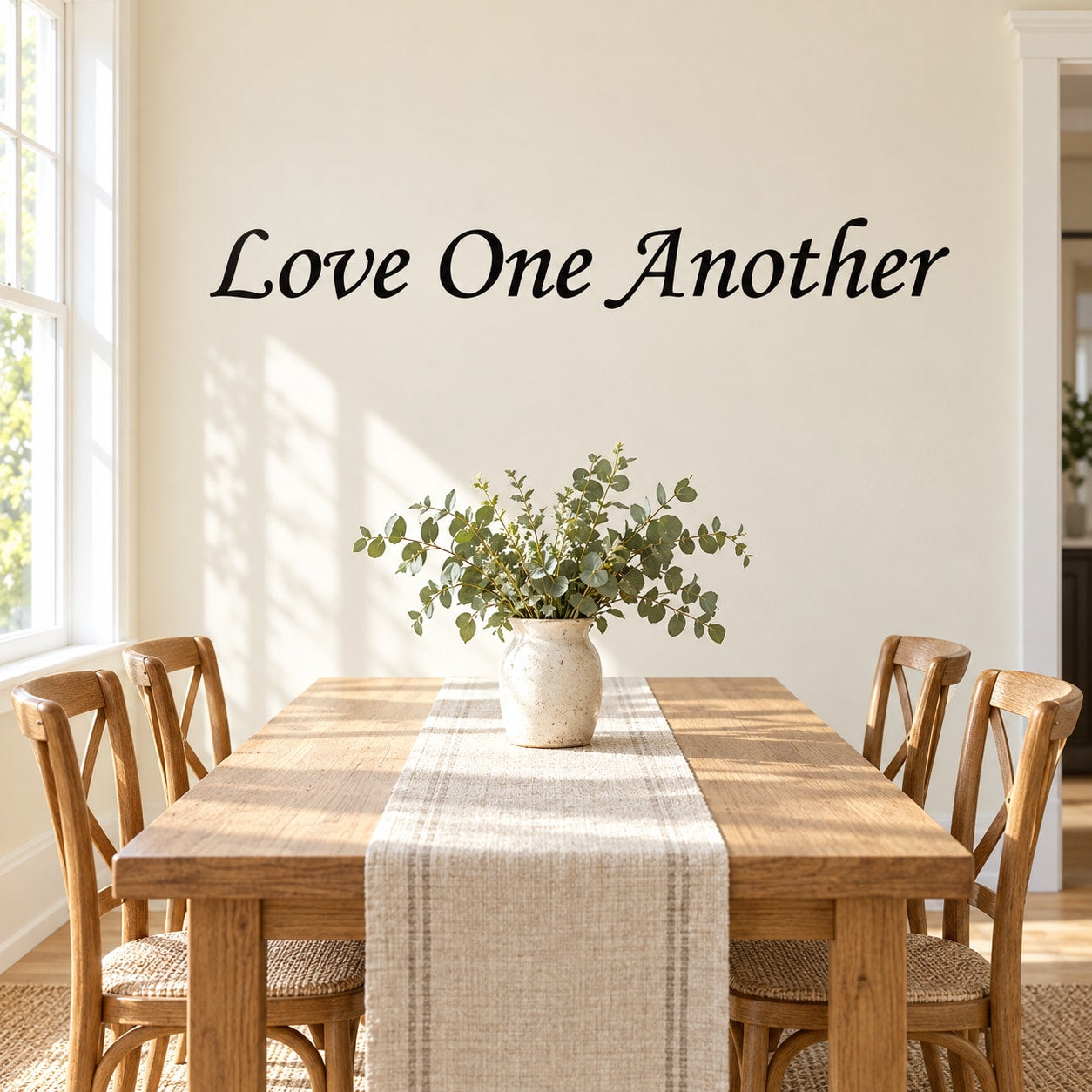 Black script wall decal reading "Love One Another"