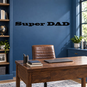 Super DAD wall decal with bold black lettering on a blue wall
