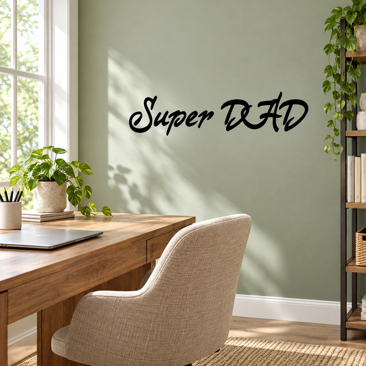 Wall decal with bold black 'Super DAD' script lettering