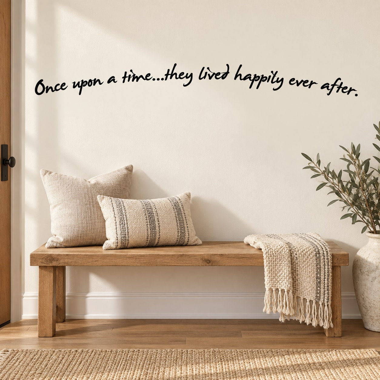 Wall decal with cursive quote: “Once upon a time...they lived happily ever after”