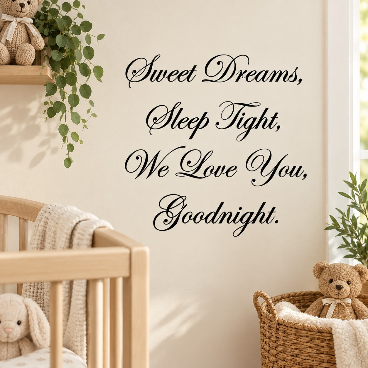 Wall decal with cursive quote: Sweet Dreams, Sleep Tight, We Love You, Goodnight.