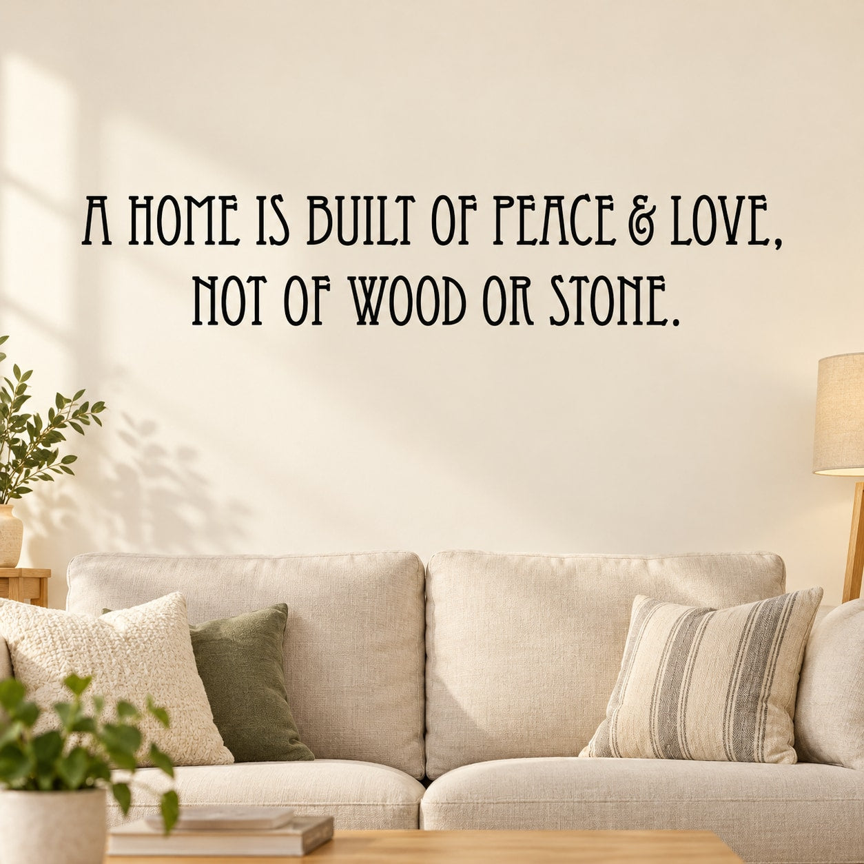 Wall decal with black lettering: 'A home is built of peace & love' quote
