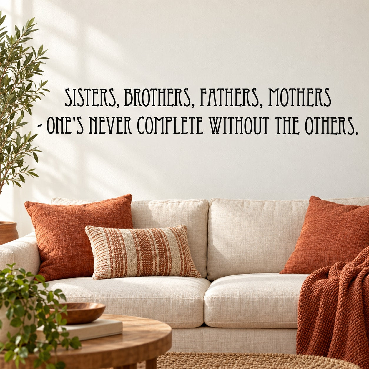 Family quote wall decal with bold uppercase text: 'Sisters, brothers, fathers, mothers'.