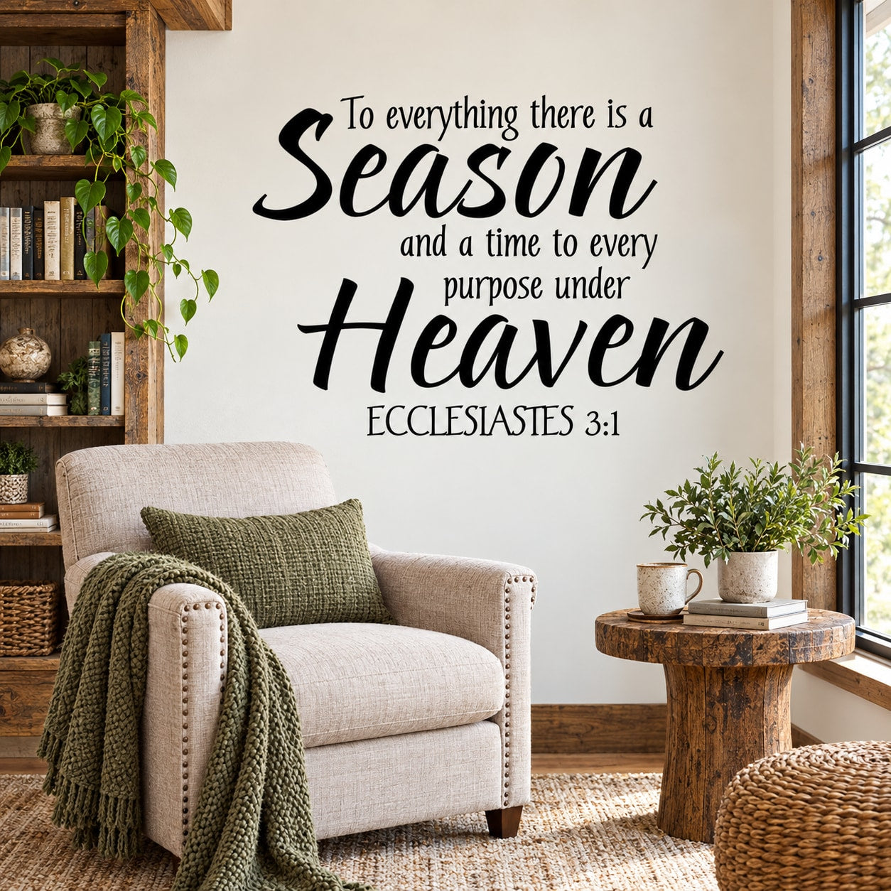 ECCLESIASTES 3:1 To everything there is a season and a time to every purpose under heaven Decal — illustrative vinyl decal application mockup. Surrounding objects are not included.