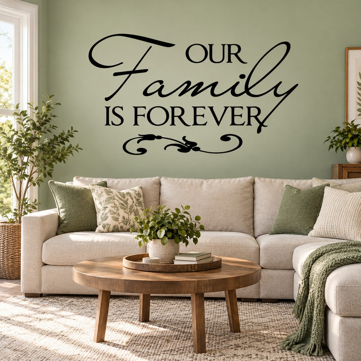 Family wall decal reading 'Our Family is forever' in script and uppercase