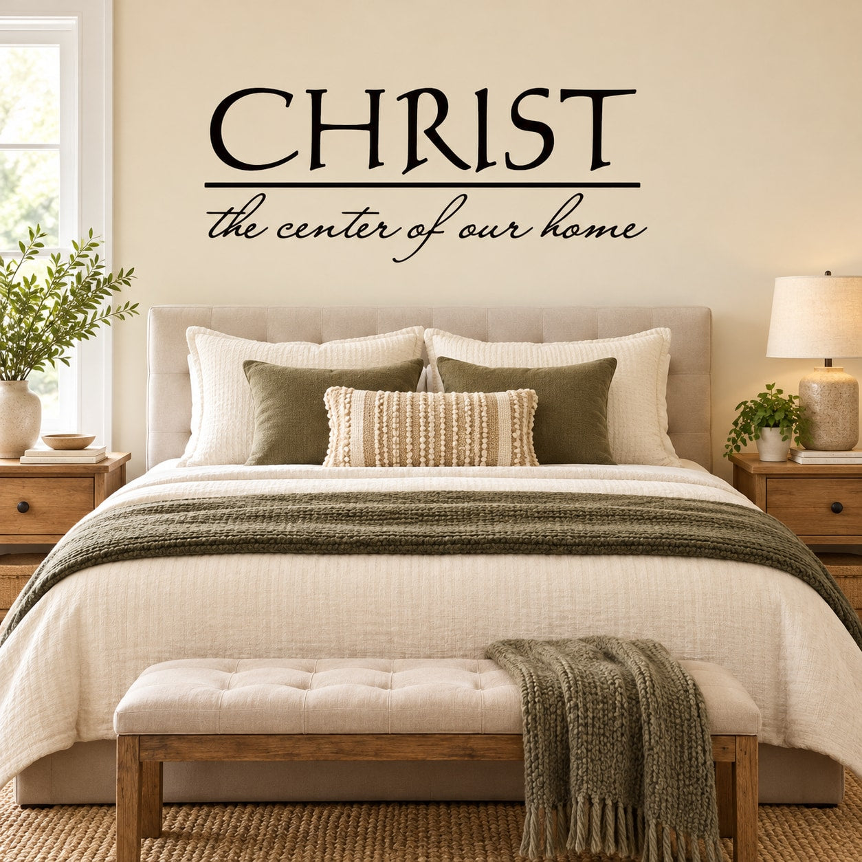 Religious wall decal with 'CHRIST' and 'the center of our home' script text