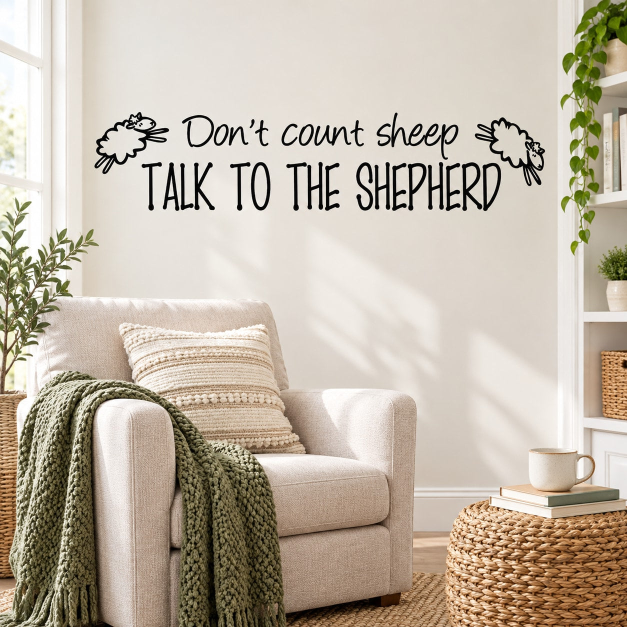 Sheep-themed wall decal with quote text 'Don’t count sheep' and shepherd wording