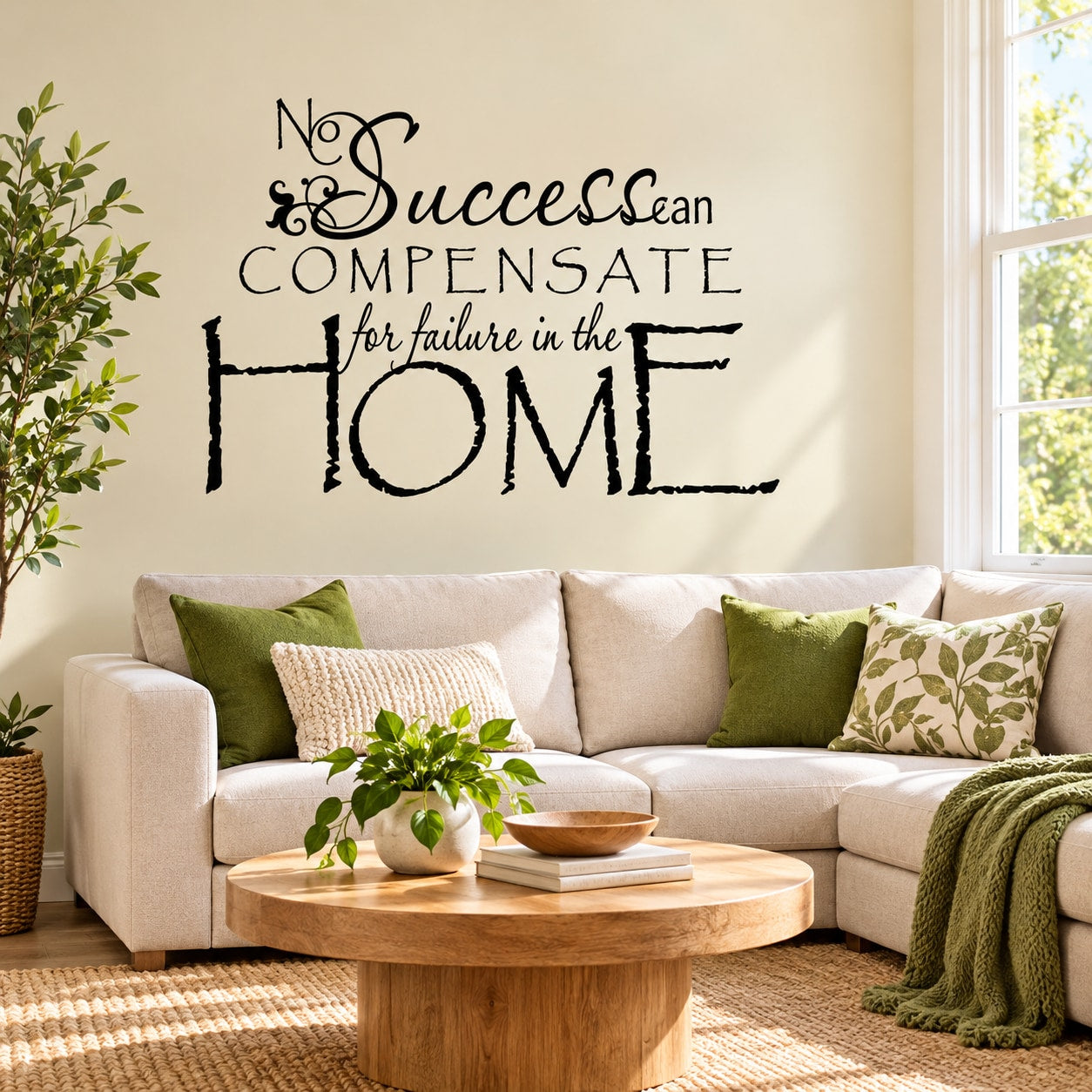 Black quote wall decal with large word HOME and matching statement text.