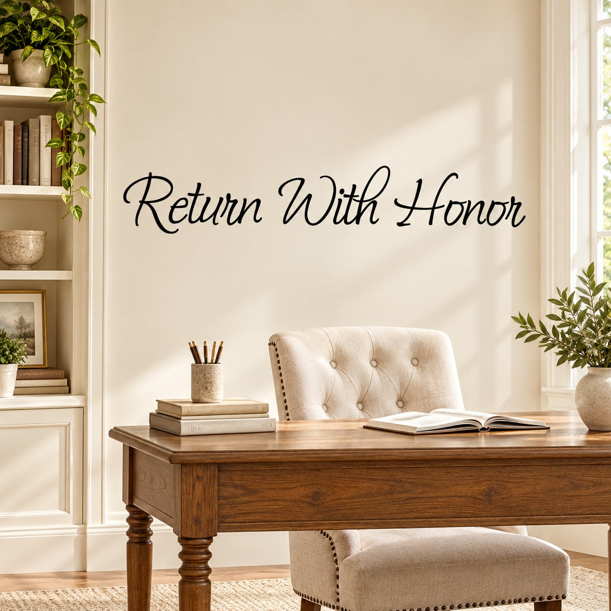 Wall decal with cursive text "Return With Honor" for smooth wall surfaces