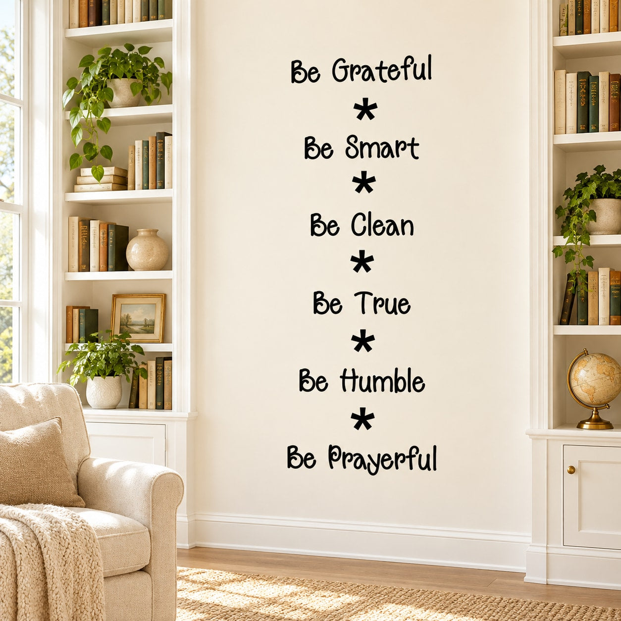 Wall decal with black quote text: Be Grateful, Be Smart, Be Clean, Be True