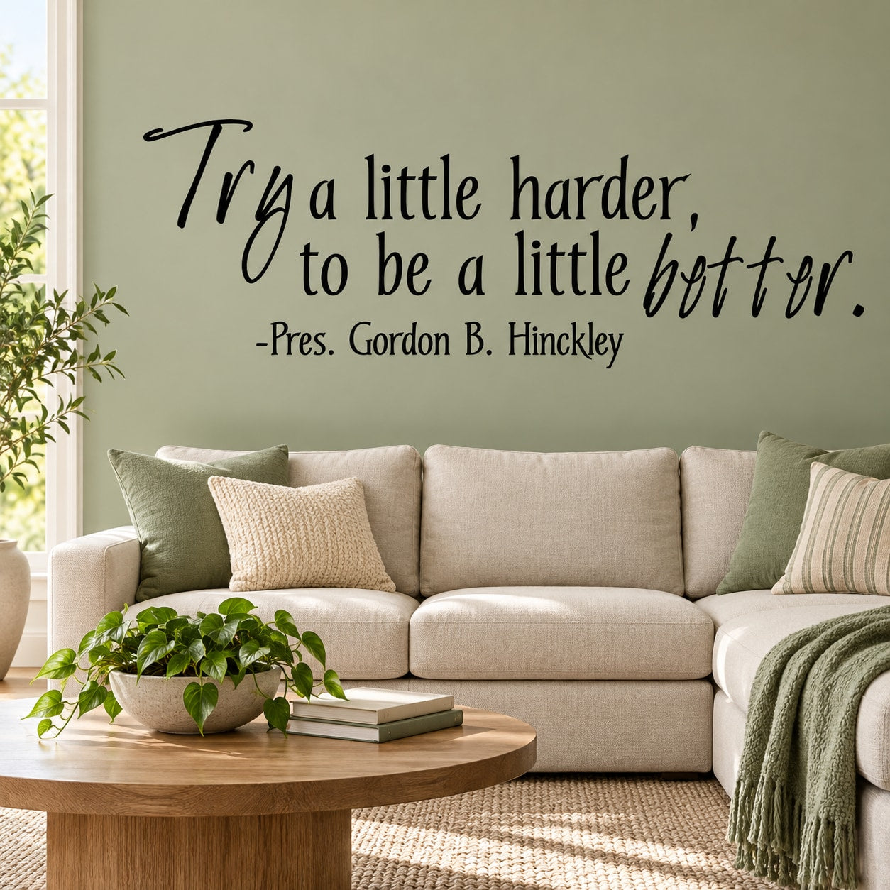Wall decal with cursive quote: "Try a little harder, to be a little better".