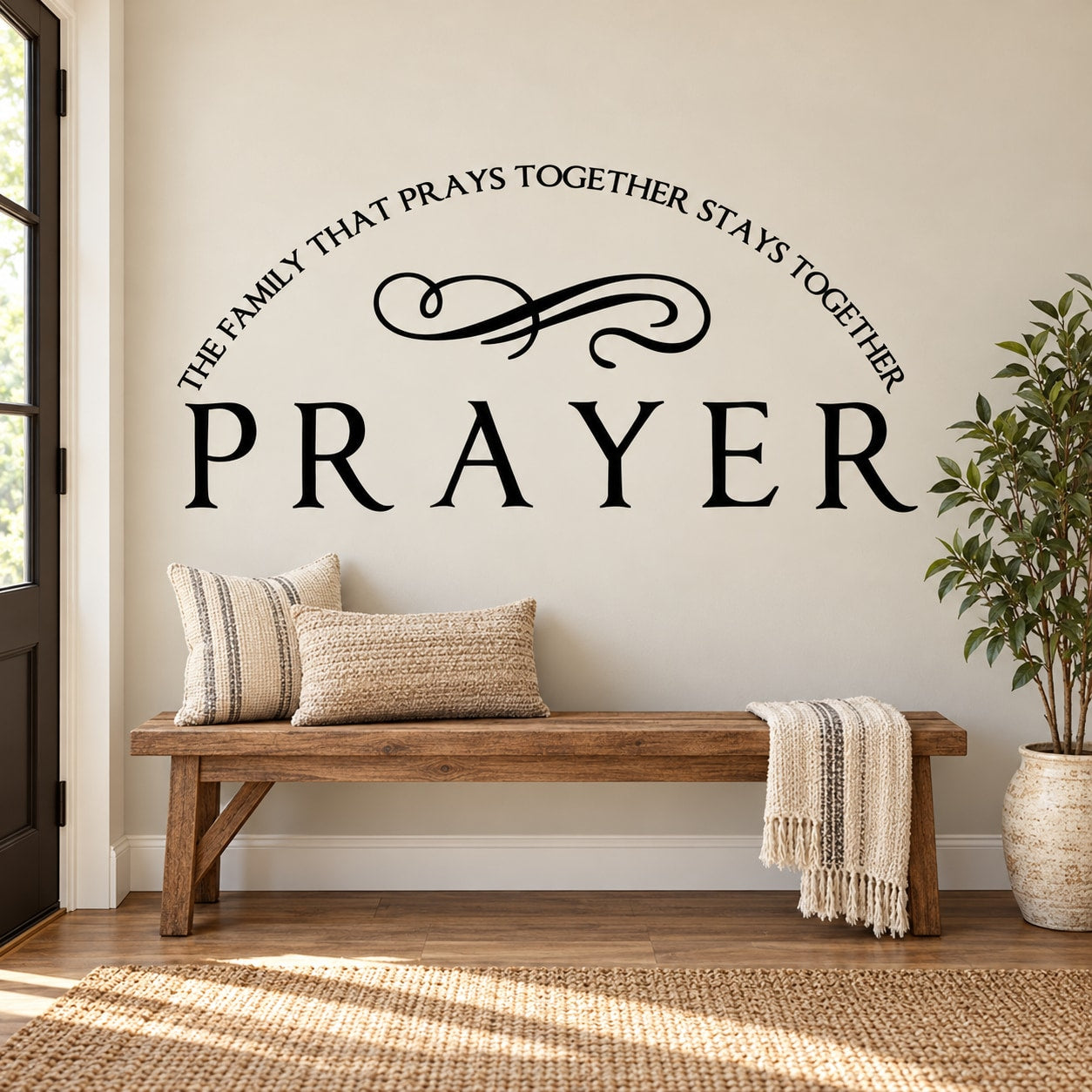 Prayer wall decal with black circular quote and large PRAYER lettering