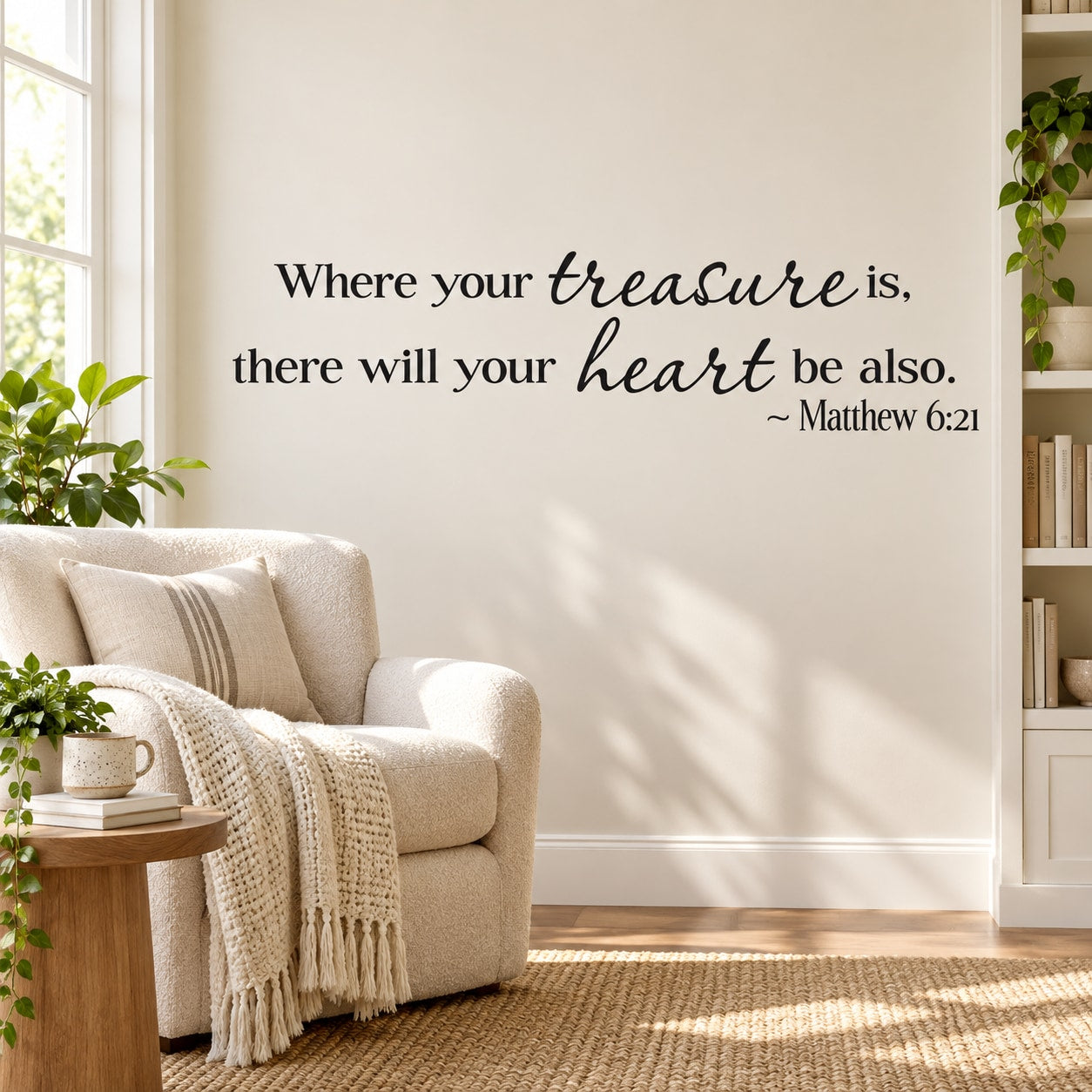 Wall decal: 'Where your treasure is, there will your heart be also' (Matthew 6:21)