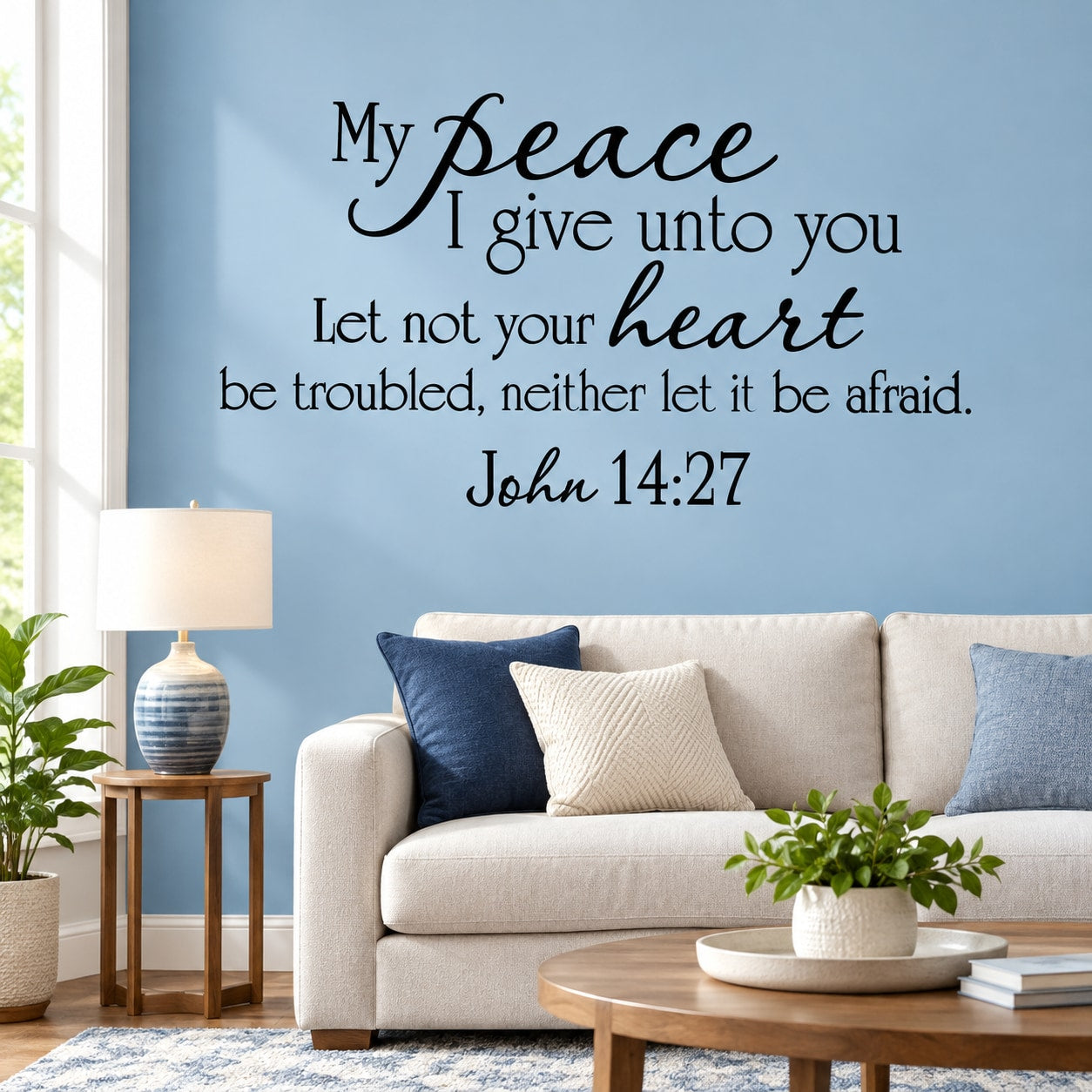 Inspirational wall decal with "My Peace I give unto you" and John 14:27