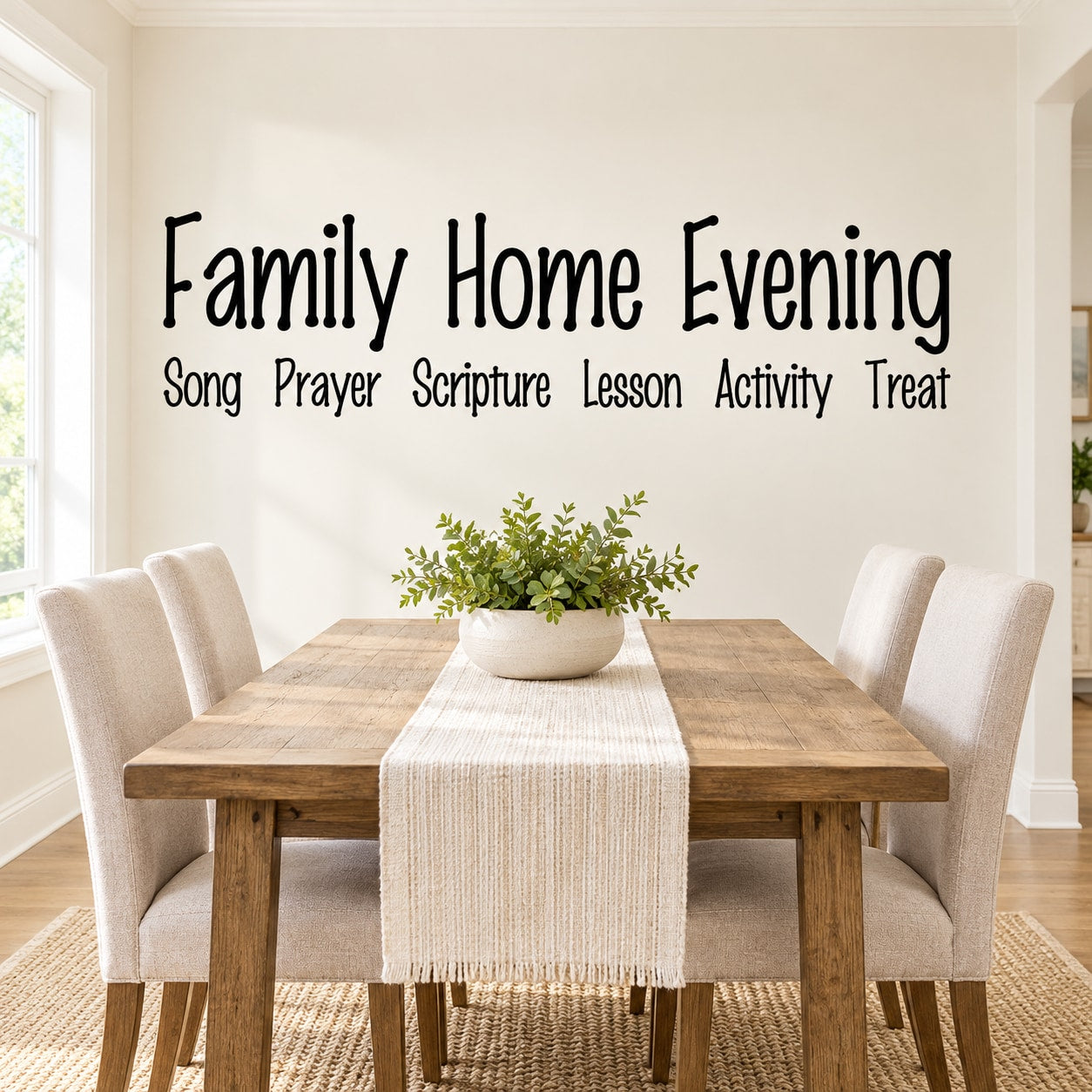 Family home wall decal with 'Family Home Evening' lettering and activity word list