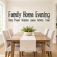 Family home wall decal with 'Family Home Evening' lettering and activity word list