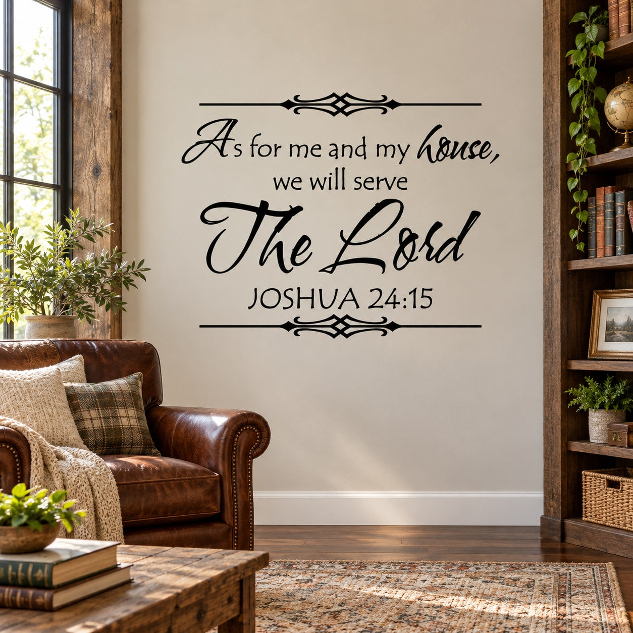Religious wall decal, black script quote framed, includes Joshua 24:15