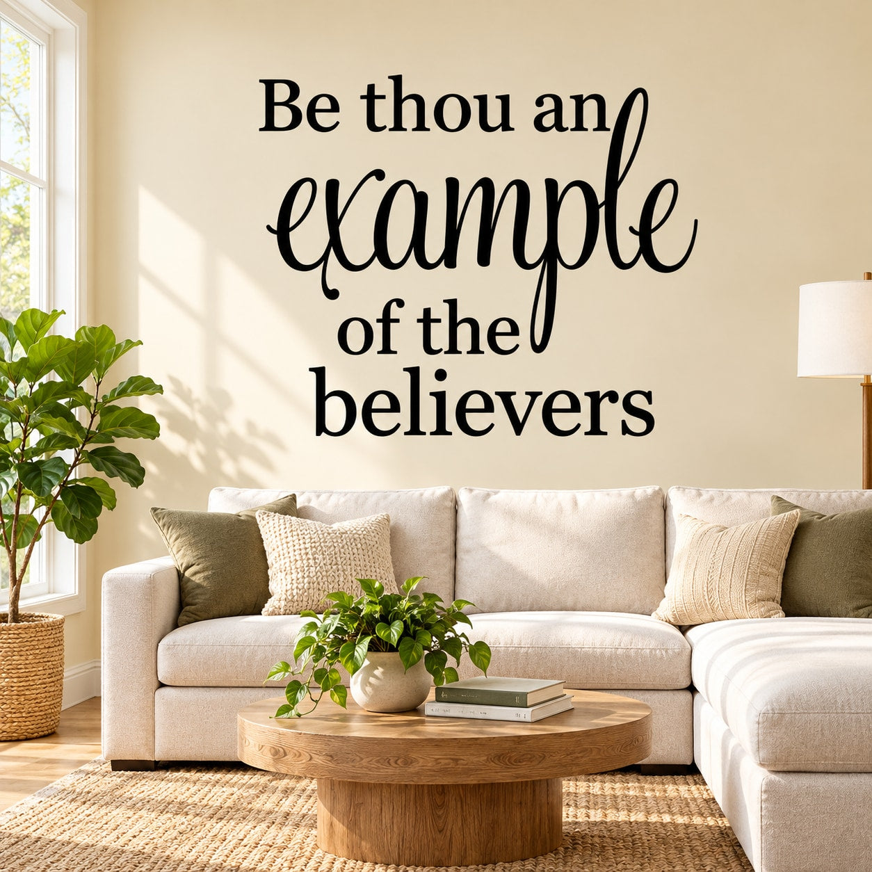 Wall decal with script text: "Be thou an example of the believers"