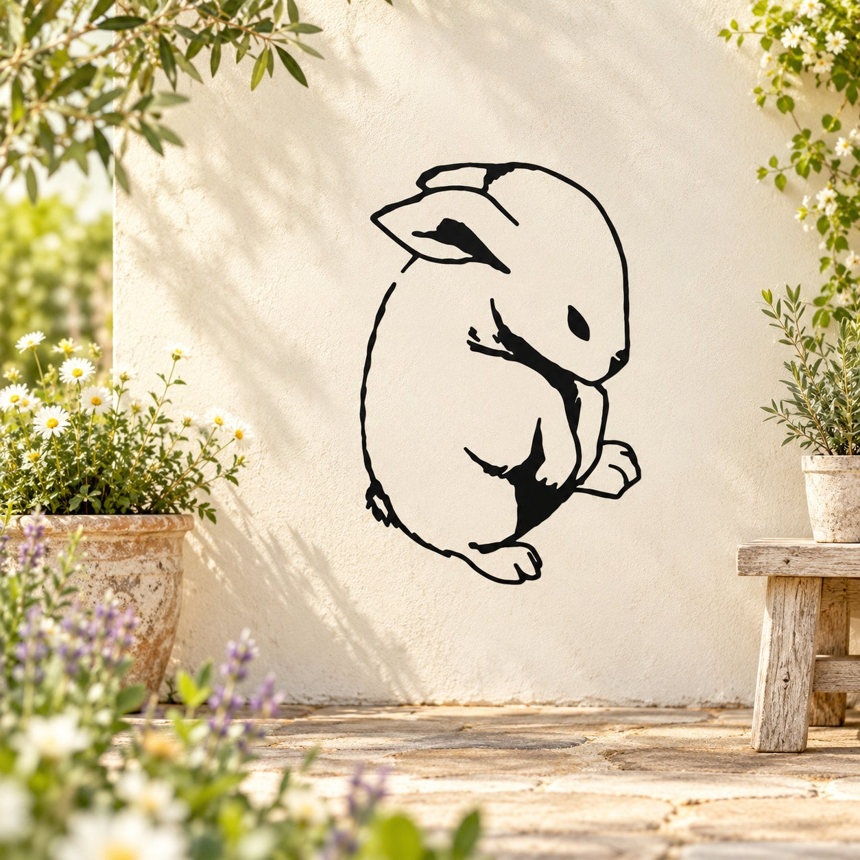 Black and white rabbit outline wall decal, shy pose with ears and folded paws.