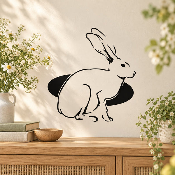 Rabbit and hole wall decal with black outline of a sitting rabbit