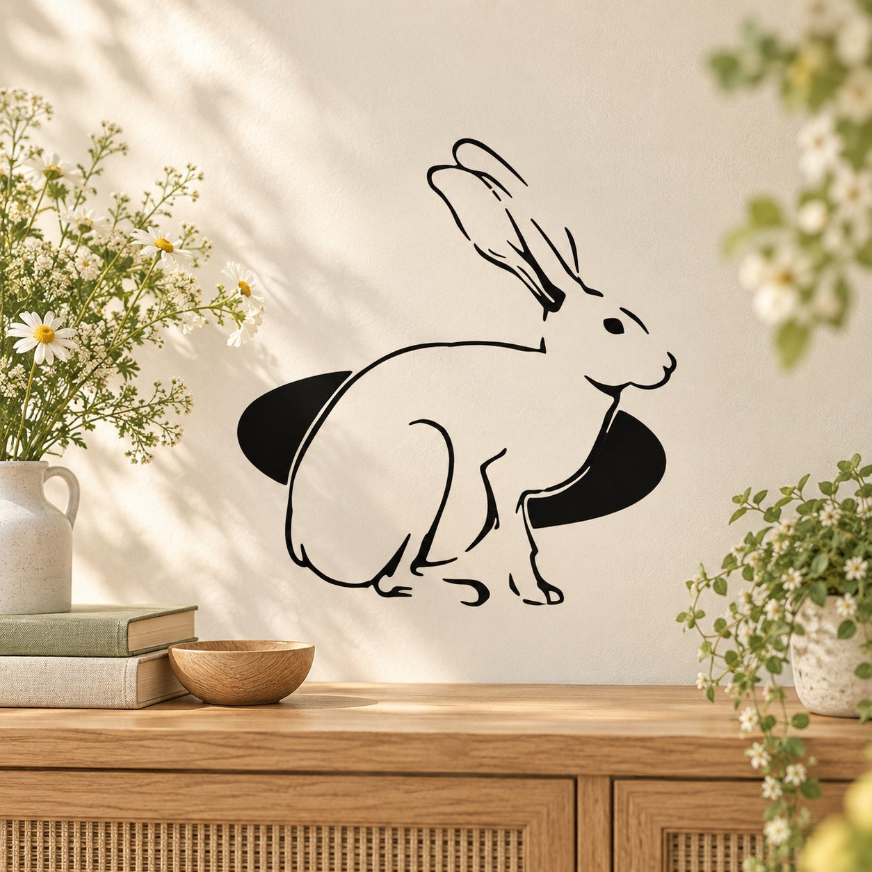 Rabbit and hole wall decal with black outline of a sitting rabbit