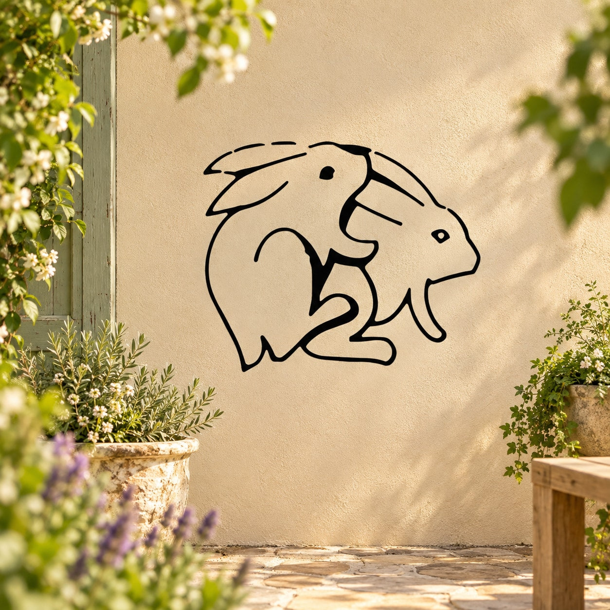 Rabbit humping line-art wall decal with two black-outlined rabbits