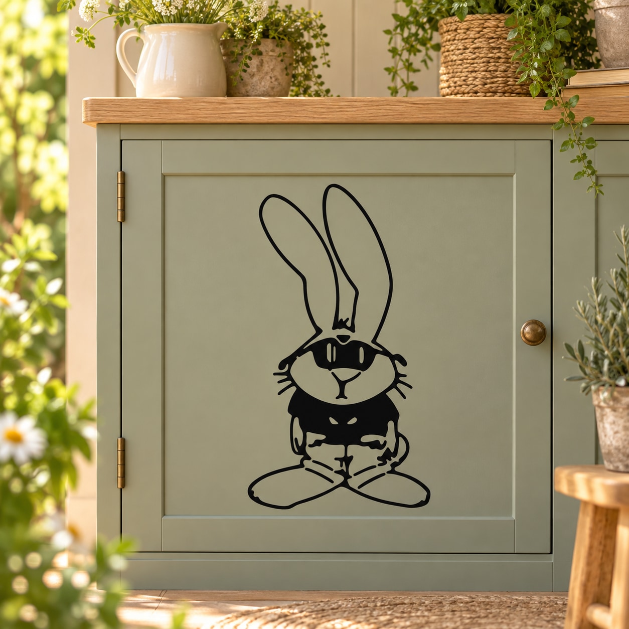 Black rabbit face and paws wall decal for furniture doors